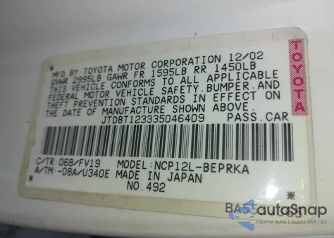 2003 Toyota Echo from USA, damaged, VIN JTDBT123335046409